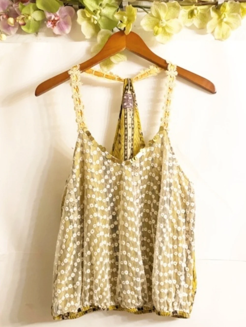 Free People Embroidered Sequin Tank Top Boho Mixed Media Size XS